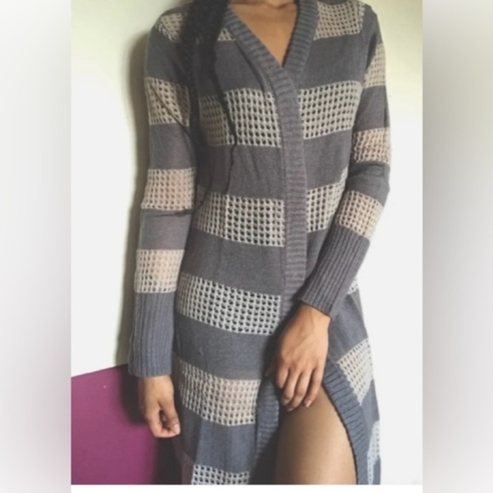 MUDD Grey Striped Over Coat Cardigan Long KNEE duster Sweater medium